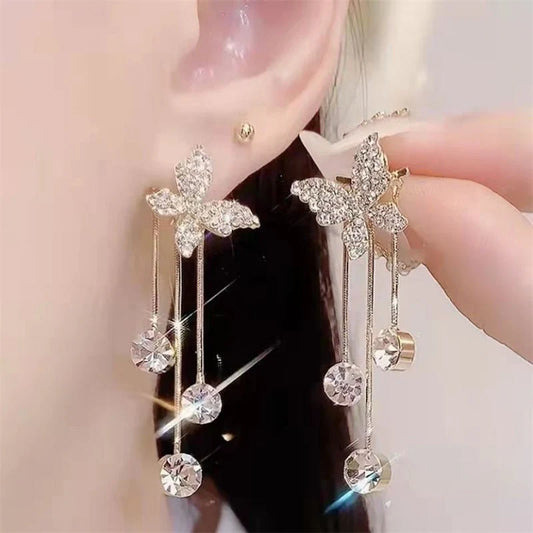 Shiny Butterfly Rhinestone Drop Earrings with Pearl Tassel